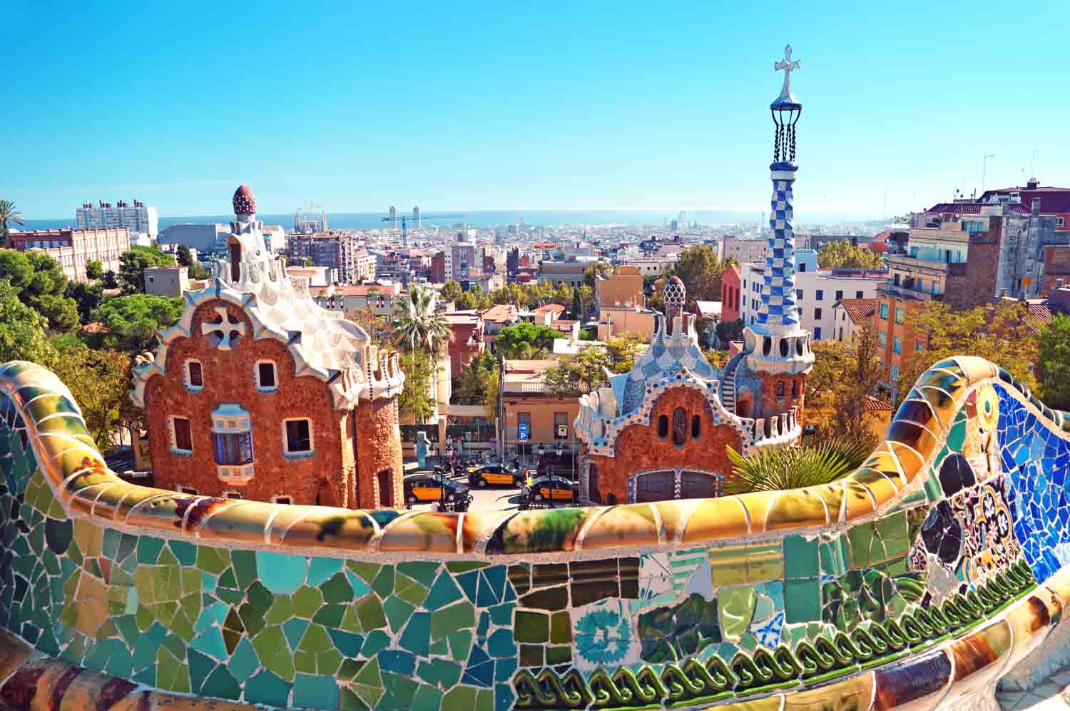 parc guell and views over barcelona city in spain