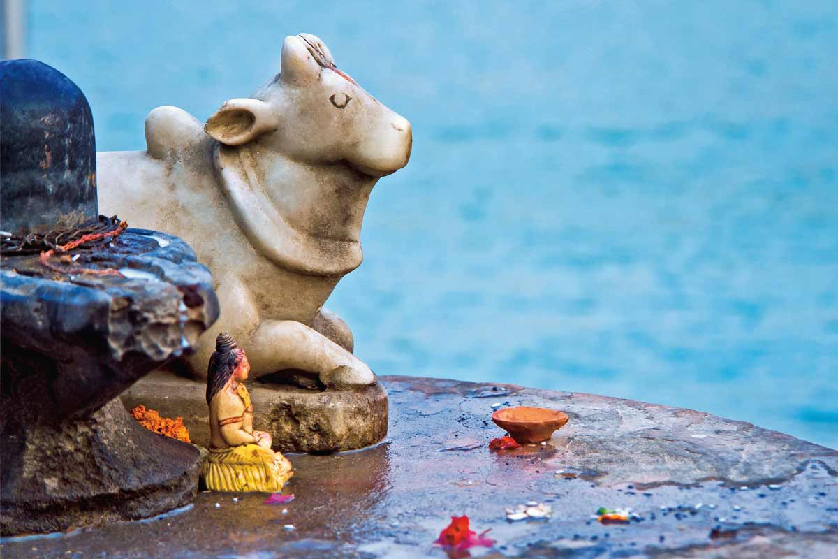 Hindu murti statues, Sacred cow. River Ganges.