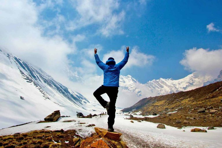 Yoga in the Himalaya mountains. Annapurna, Nepal